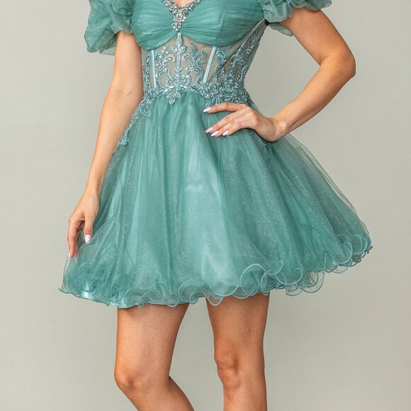 New Sage Off The Shoulder Mini Tulle Gown w/ Rhinestones Embroidery DQ 3379 - Picture 9 of 9